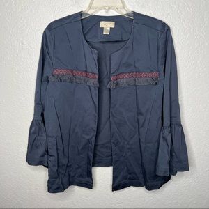 LOFT Outlet Womens Open Front Blazer Jacket Flounce Sleeve Fringe Large Blue